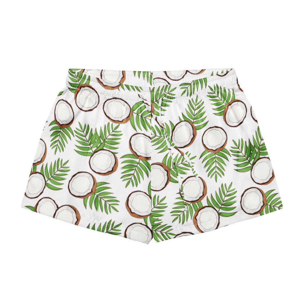 Women’s white silky pajama shorts with vibrant green palm leaves and halved coconuts lightweight relaxed fit