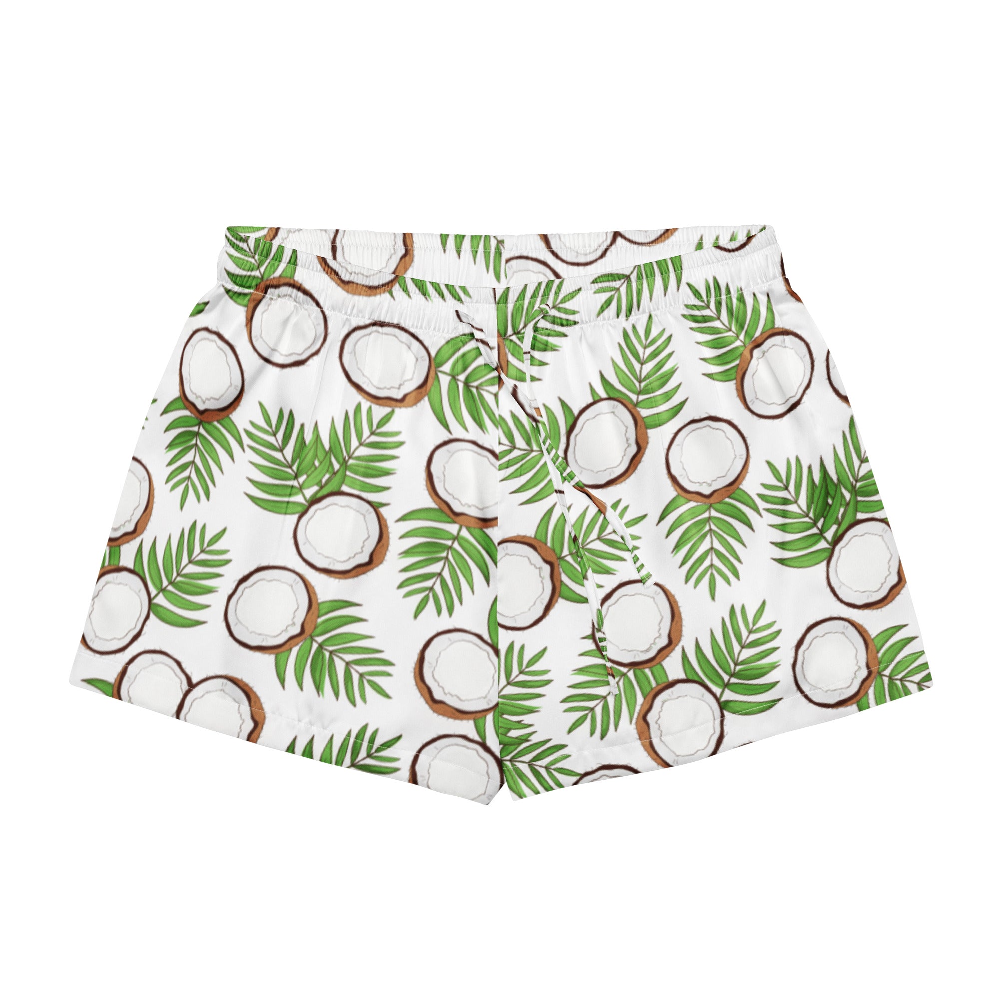 Women’s white silky pajama shorts with vibrant green palm leaves and halved coconuts lightweight relaxed fit