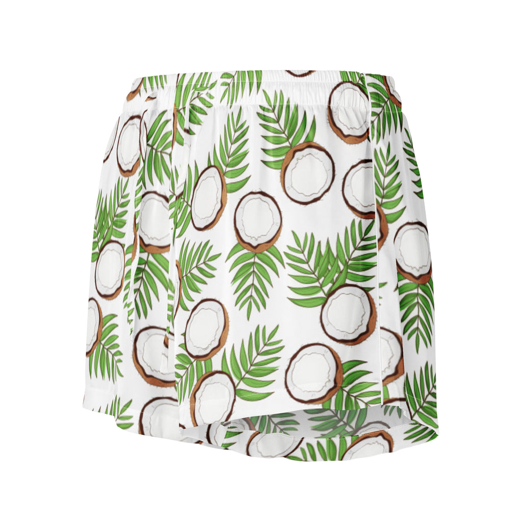 White silky pajama shorts with green palm leaves and brown coconut print featuring a drawstring waist