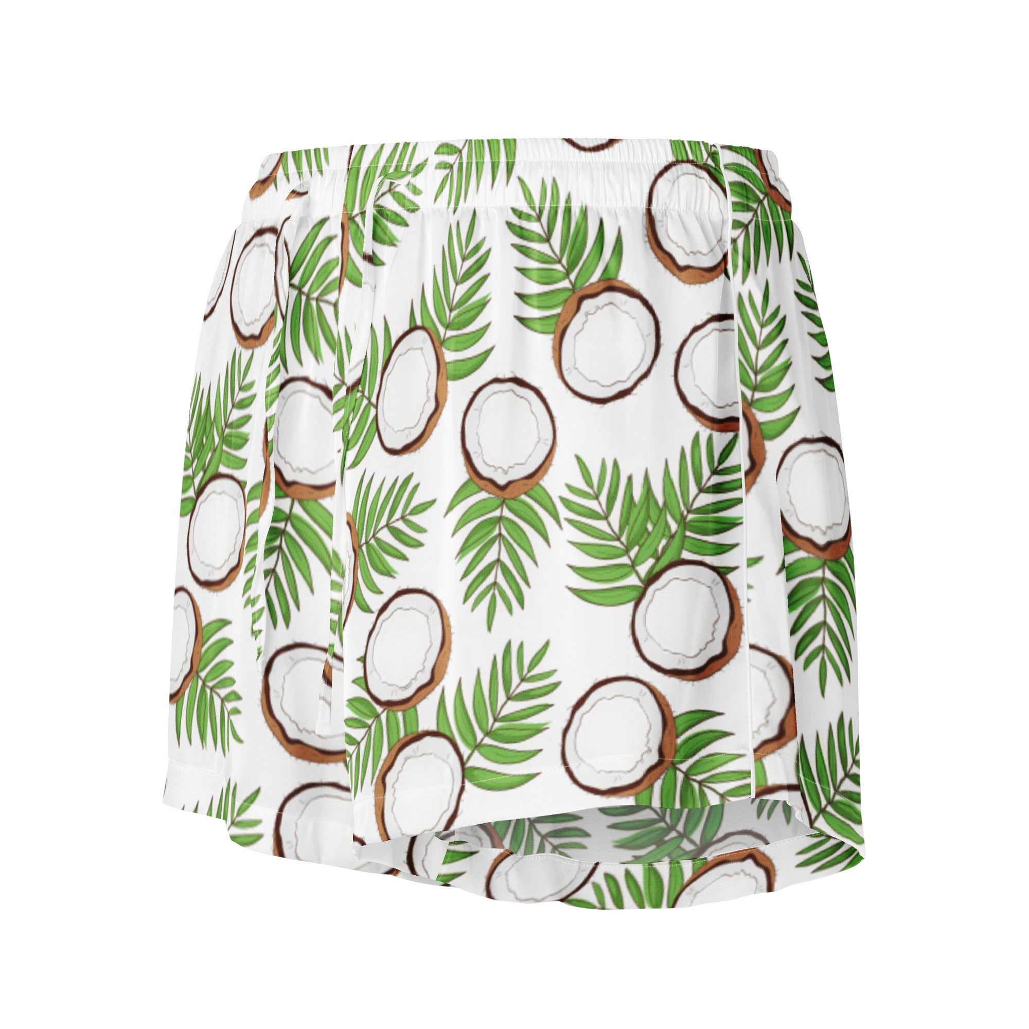 White silky pajama shorts with green palm leaves and brown coconut print featuring a drawstring waist