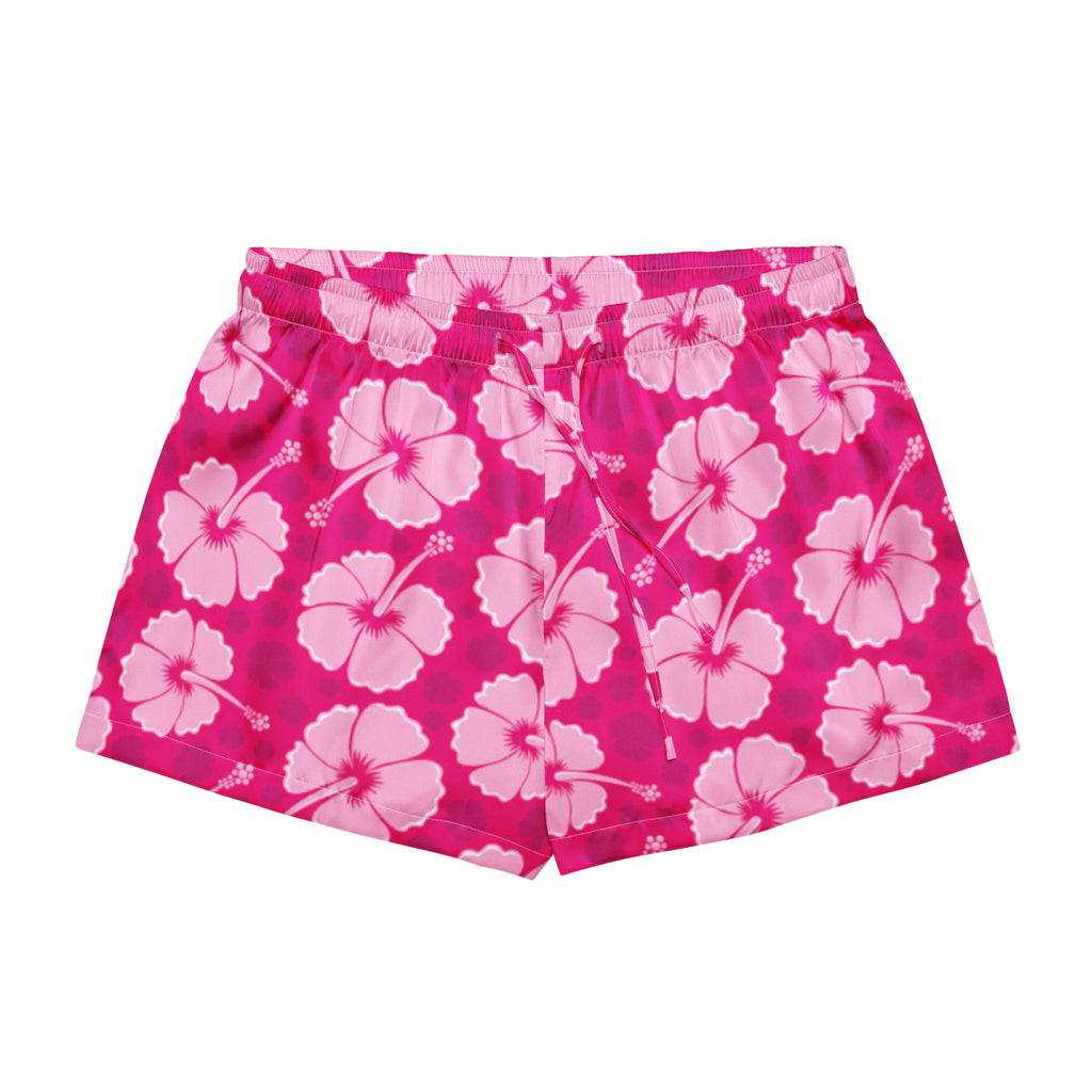 Women’s bright pink silky pajama shorts with lightweight relaxed fit and drawstring waist featuring hibiscus pattern