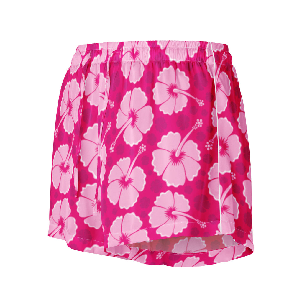 Women’s pink hibiscus silky pajama shorts with lightweight flowing fabric and drawstring waist featuring bold floral pattern