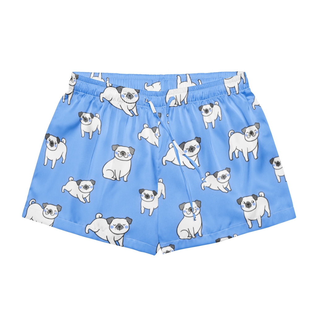 Women’s light blue silky pajama shorts with playful cartoon pug pattern lightweight relaxed fit with drawstring waist