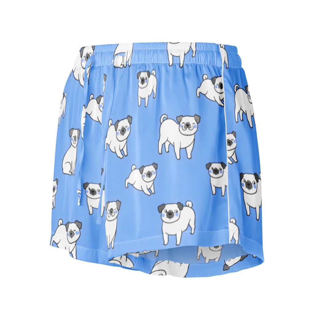 Women’s light blue silky pajama shorts with white pug pattern and black ears featuring a relaxed fit and drawstring waist