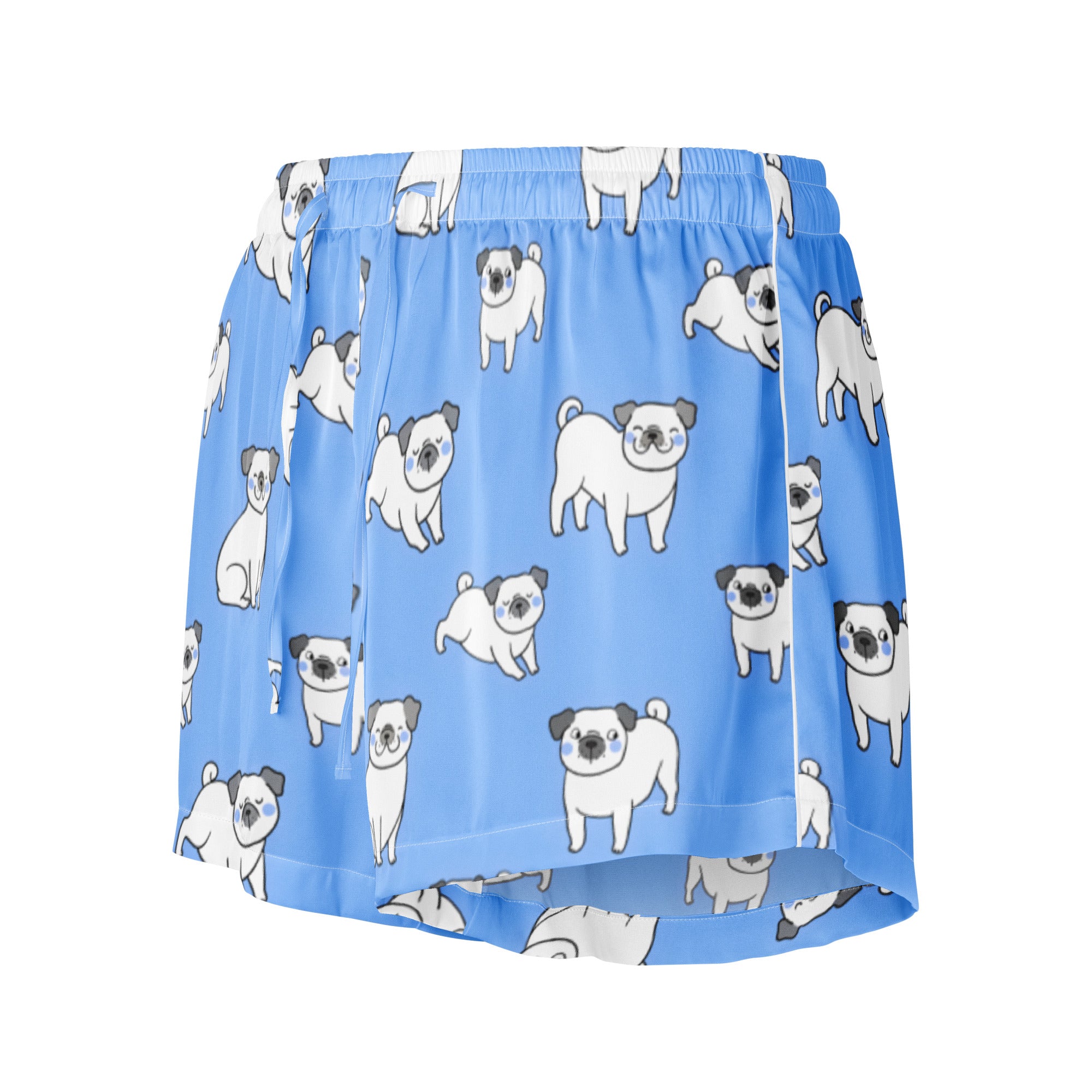Women’s light blue silky pajama shorts with white pug pattern and black ears featuring a relaxed fit and drawstring waist