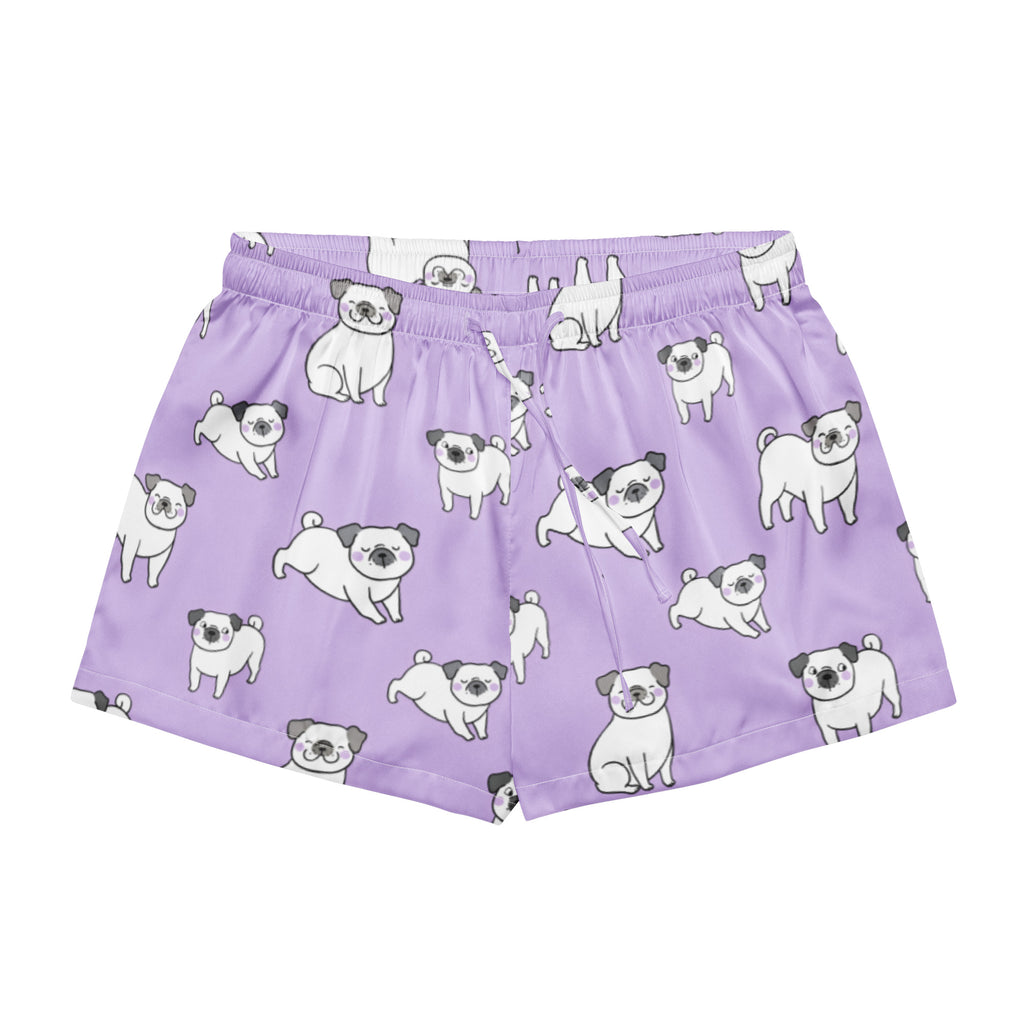 Women’s purple pug silky pajama shorts with a playful white pug pattern lightweight relaxed fit with drawstring waist