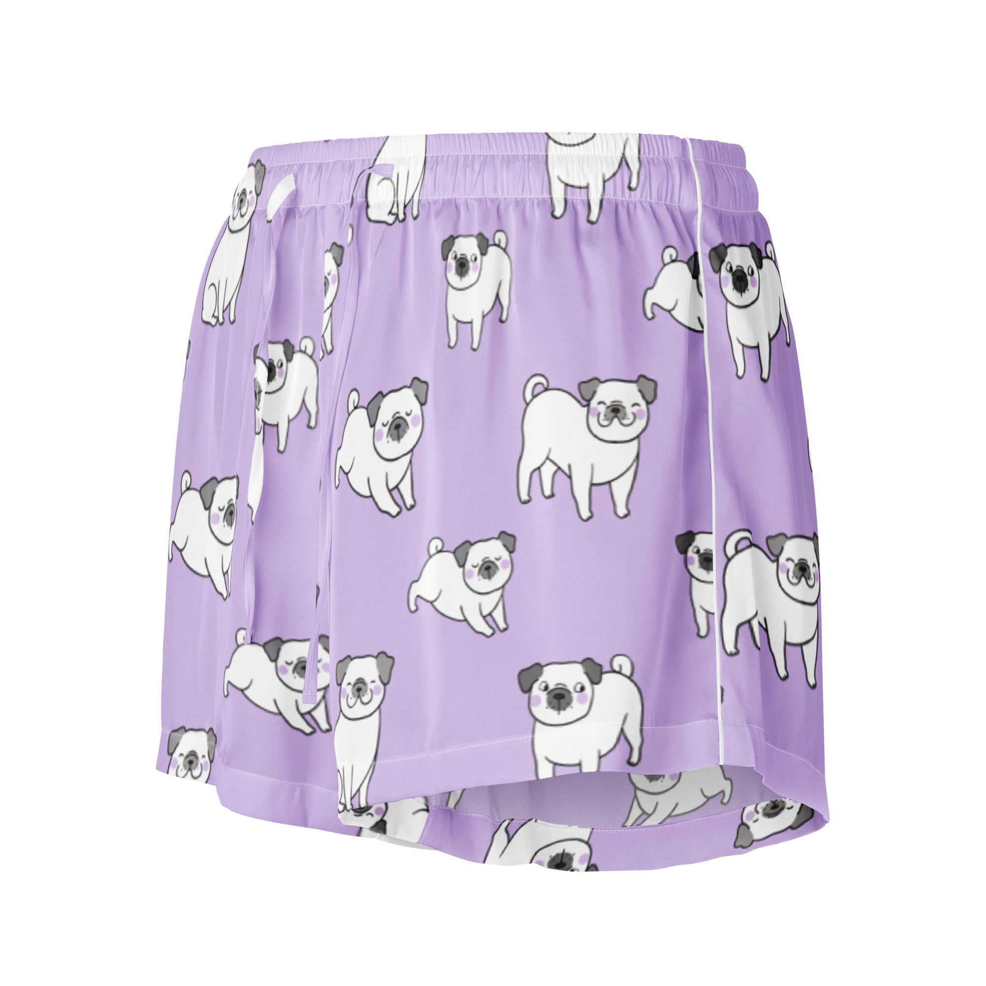 Women’s purple silky pajama shorts with a playful white pug pattern black ears and noses lightweight relaxed fit
