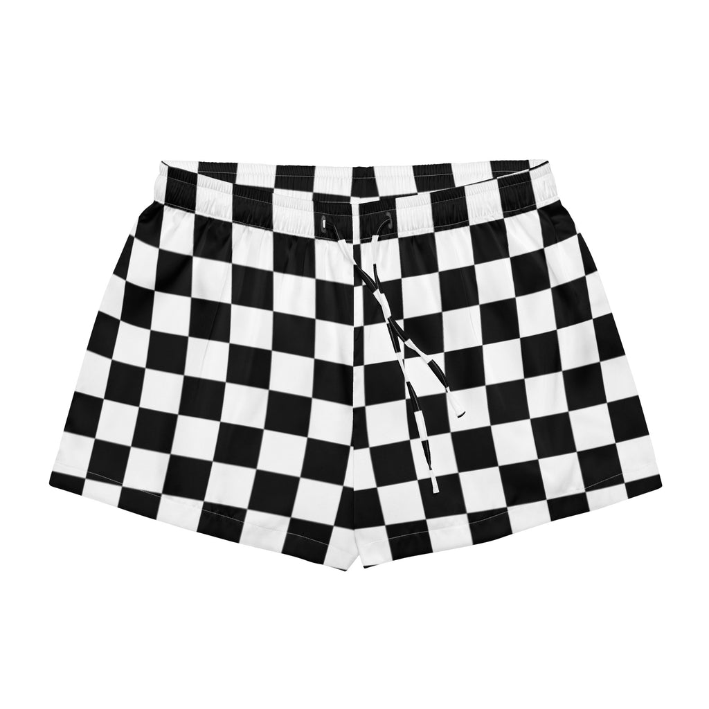 Women’s checkered silky pajama shorts in black and white with a lightweight relaxed fit and drawstring waistband