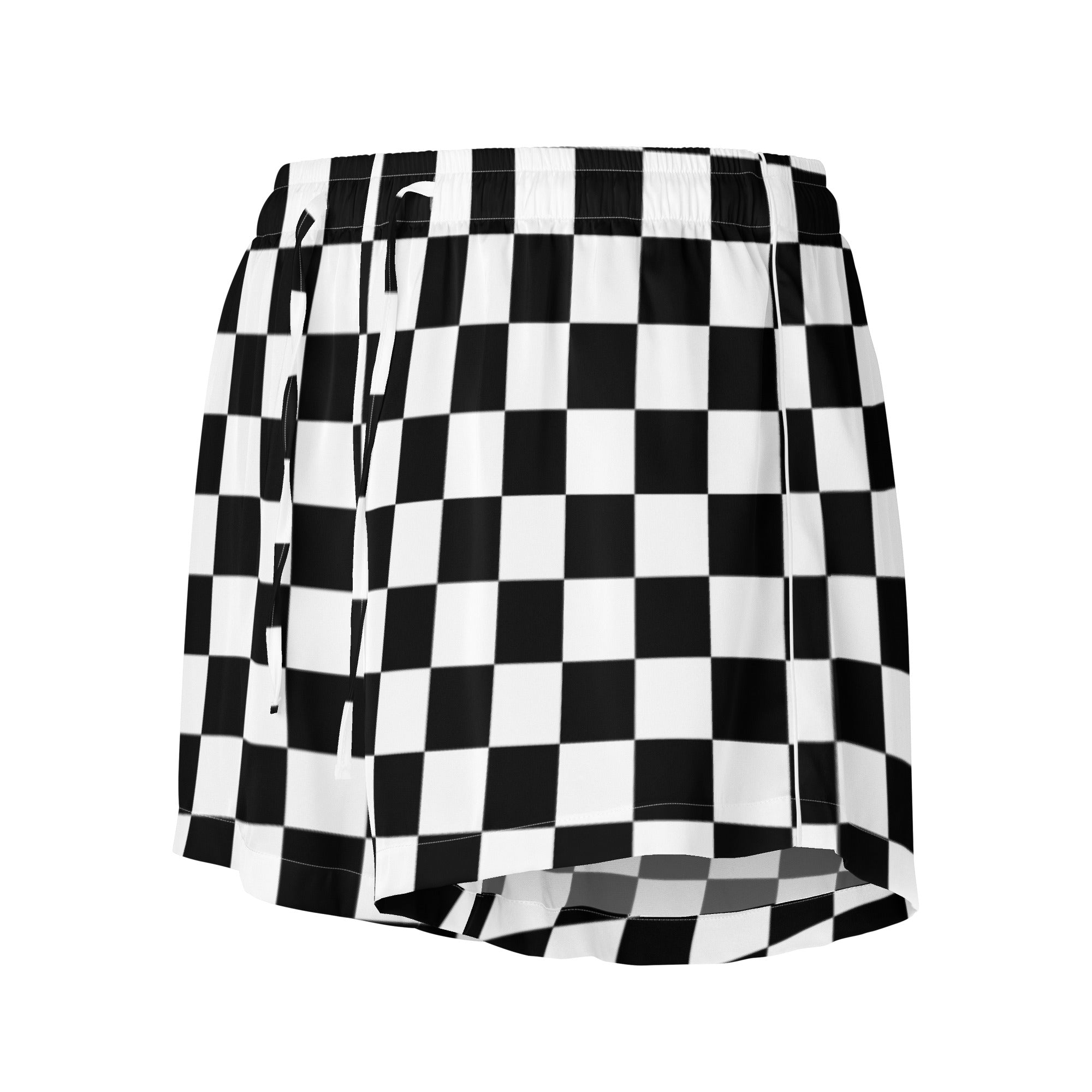 Women’s black and white checkered silky pajama shorts with lightweight relaxed fit and drawstring waistband