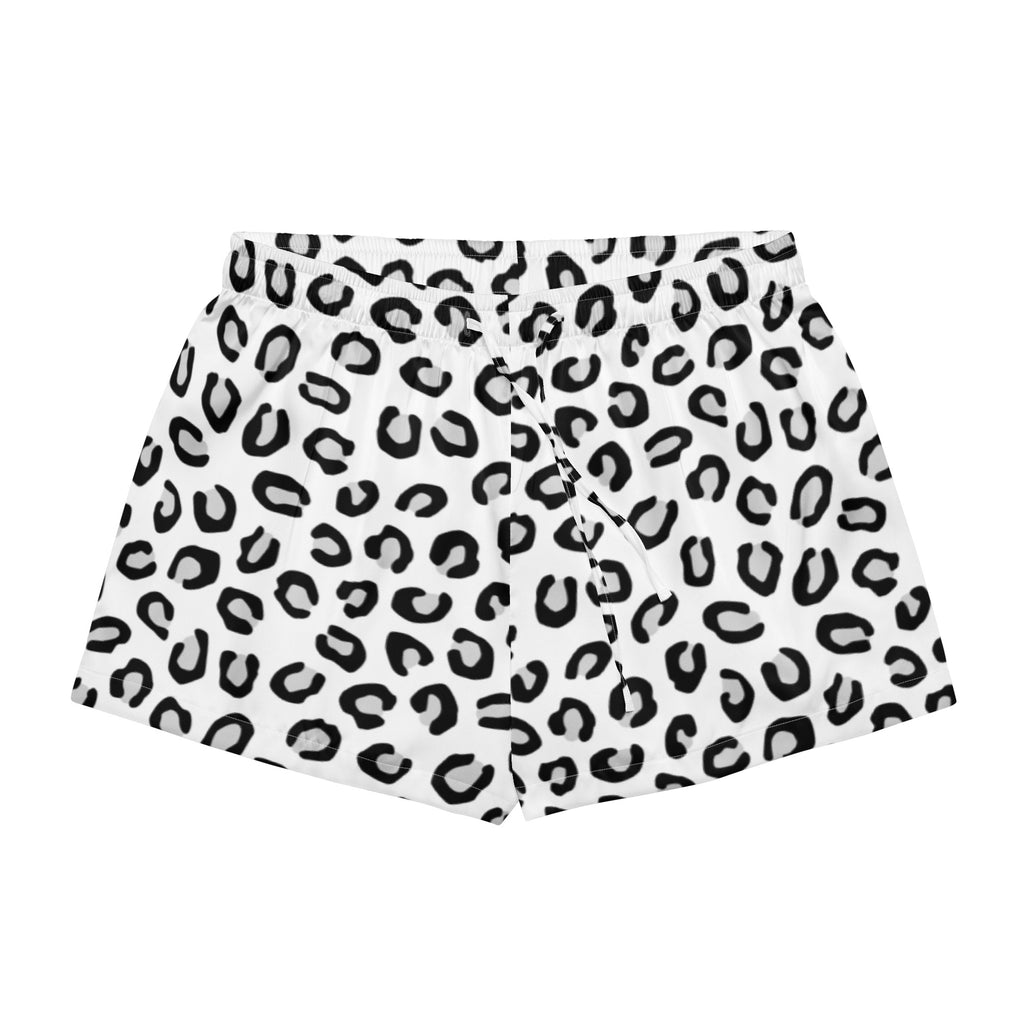 Women’s white silky pajama shorts with bold black leopard print elastic waistband and drawstring for lightweight comfort