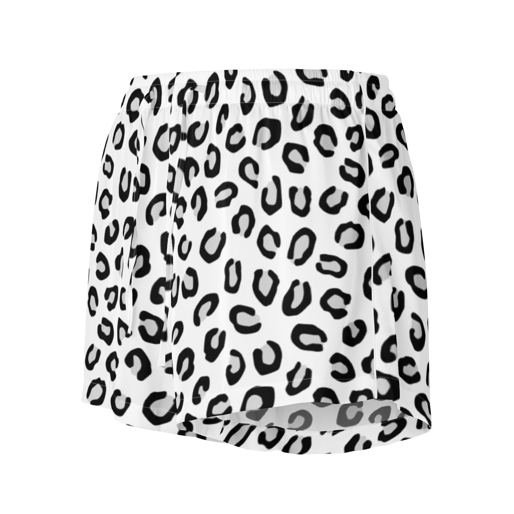 White skirt with black leopard print pattern featuring lightweight silky fabric and relaxed fit with drawstring waist