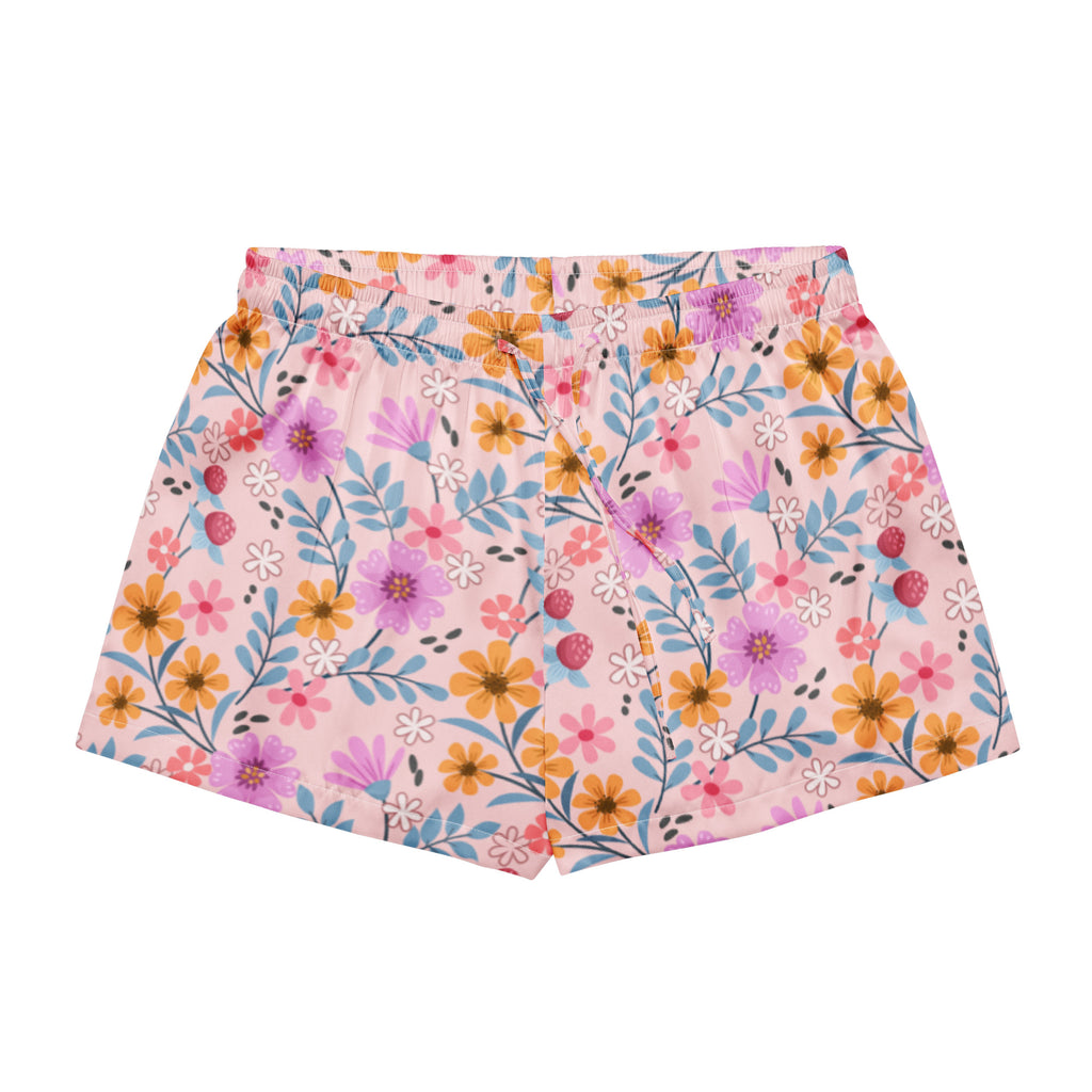 Women’s pink floral silky pajama shorts with elastic drawstring waistband and colorful purple orange blue flower pattern