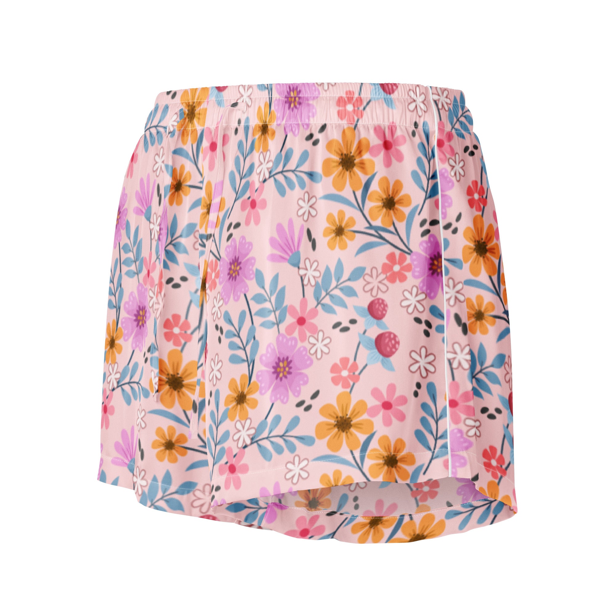 Women’s pink floral silky pajama shorts with vibrant orange purple and blue flowers on light pink lightweight relaxed fit