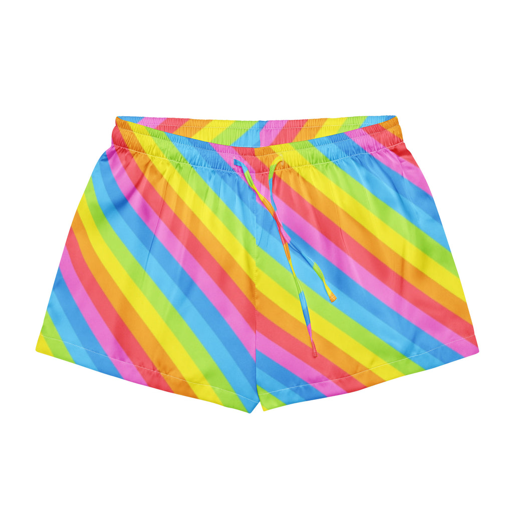 Women’s Rainbow Stripe Silky Pajama Shorts – Lightweight Relaxed Fit with Drawstring Waist