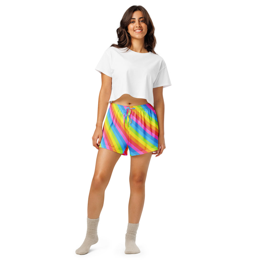 Women’s Rainbow Stripe Silky Pajama Shorts – Lightweight Relaxed Fit with Drawstring Waist
