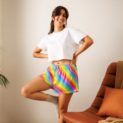 Women’s Rainbow Stripe Silky Pajama Shorts – Lightweight Relaxed Fit with Drawstring Waist