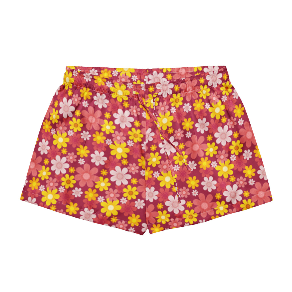 Women’s pink and yellow floral patterned silky pajama shorts with lightweight relaxed fit and drawstring waist