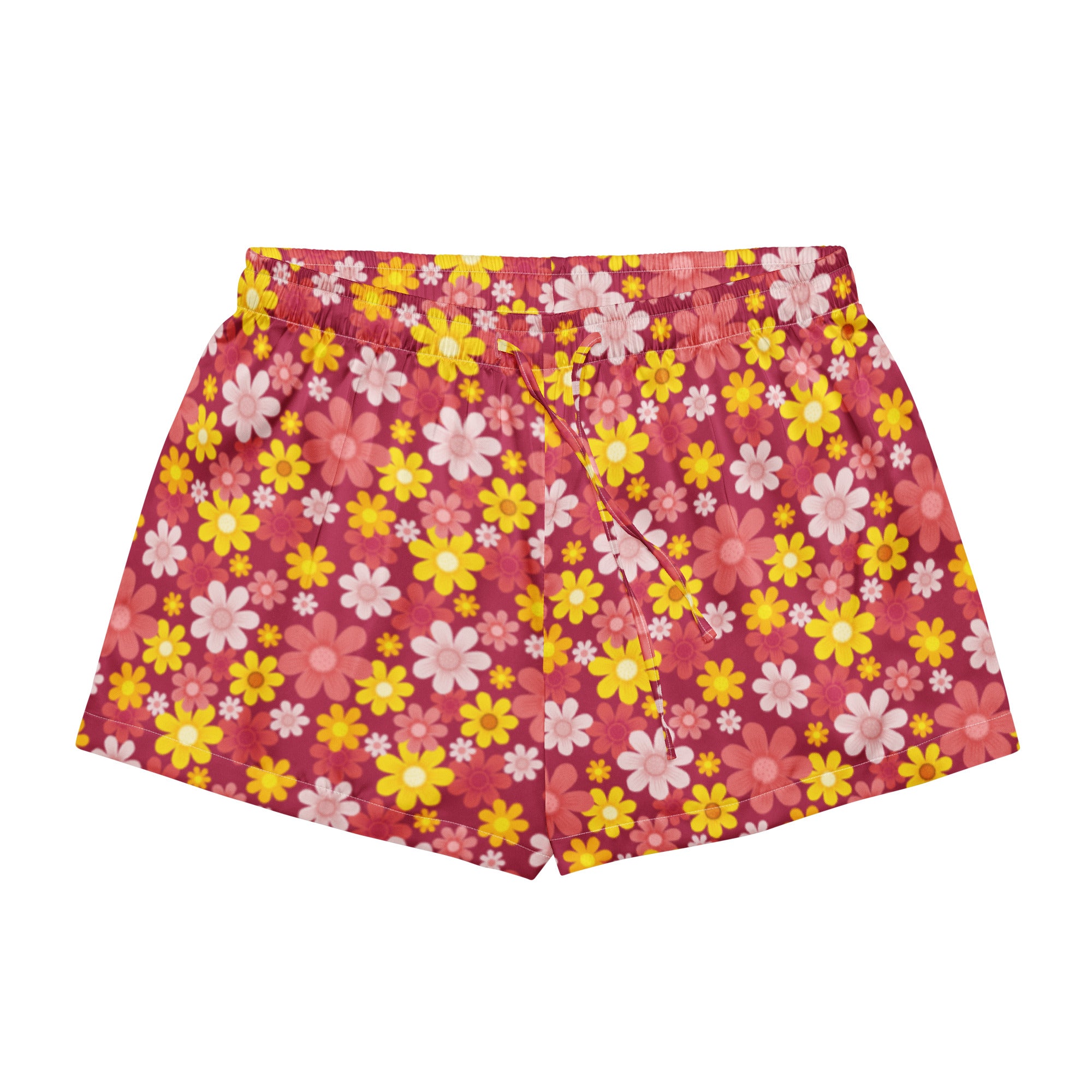 Women’s pink and yellow floral patterned silky pajama shorts with lightweight relaxed fit and drawstring waist