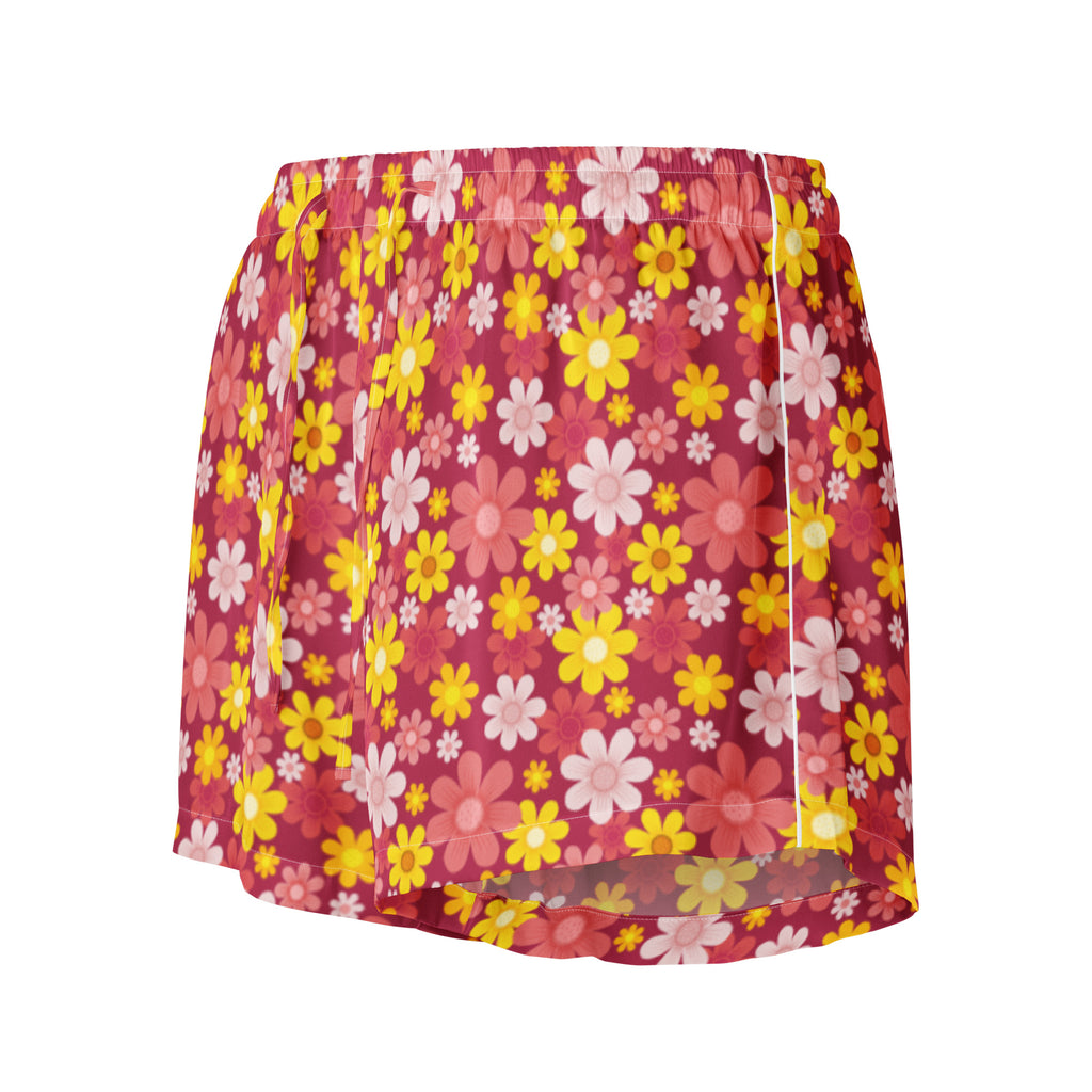 Women’s red floral silky pajama shorts with lightweight flowing fabric and pink skirt print featuring daisies