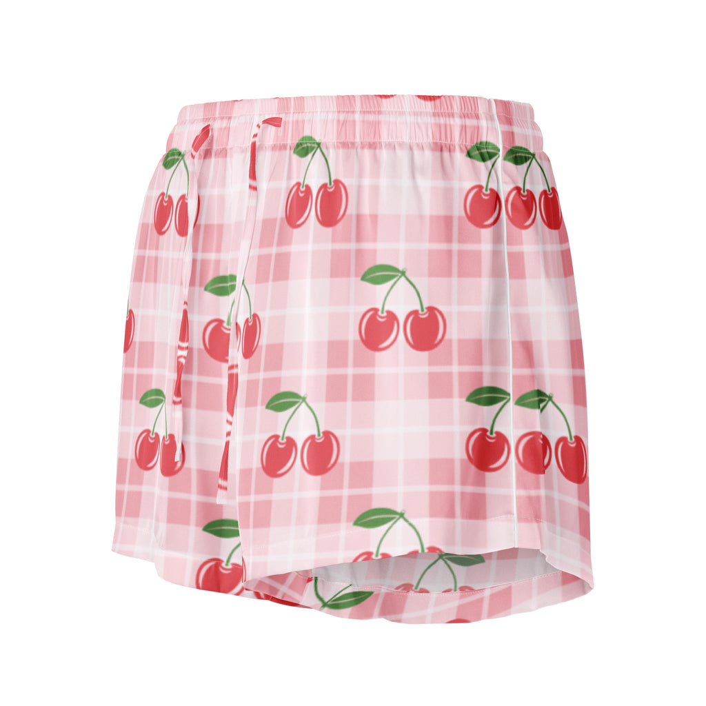 Women’s pink gingham cherry silky pajama shorts with elastic waistband and lightweight relaxed fit for comfort