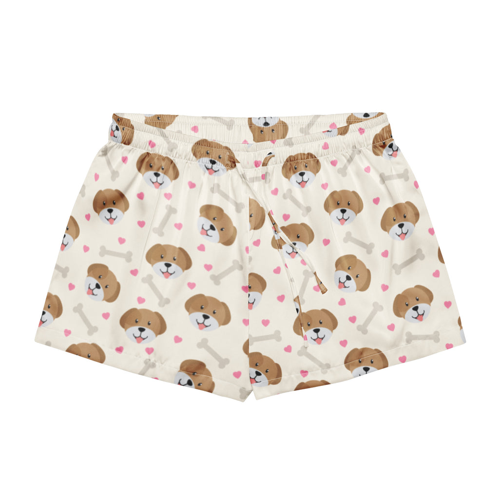 Women’s cream-colored silky pajama shorts with brown puppy faces pink hearts and gray bones lightweight relaxed fit