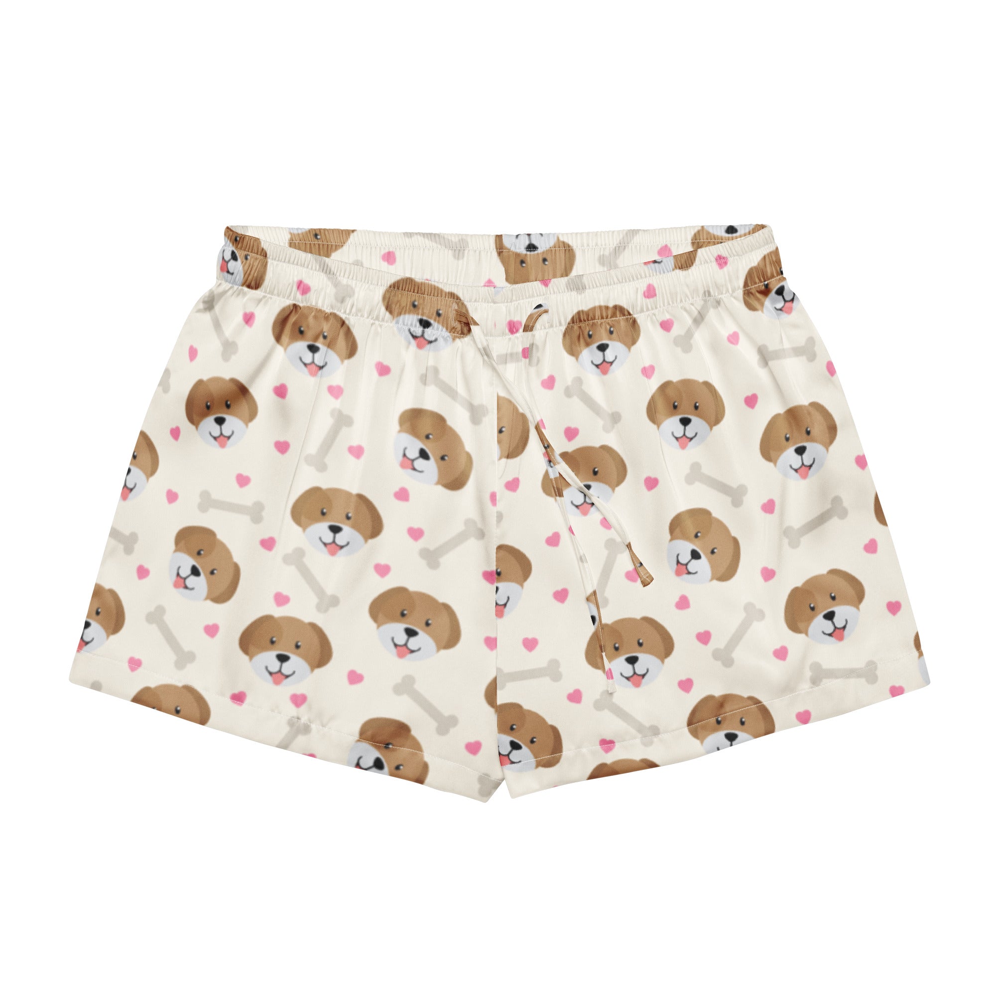Women’s cream-colored silky pajama shorts with brown puppy faces pink hearts and gray bones lightweight relaxed fit