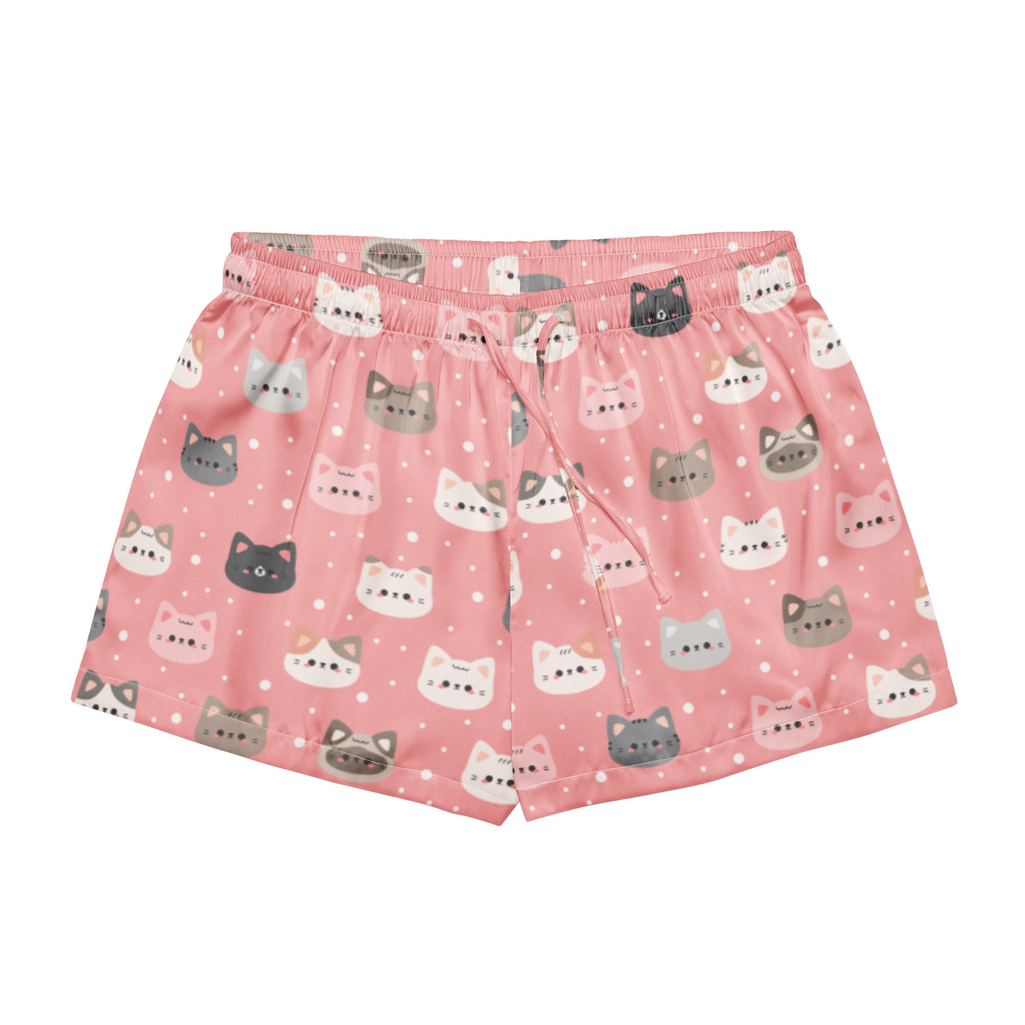 Women’s cute pink silky pajama shorts with playful white gray and black cartoon cat faces on a dotted background