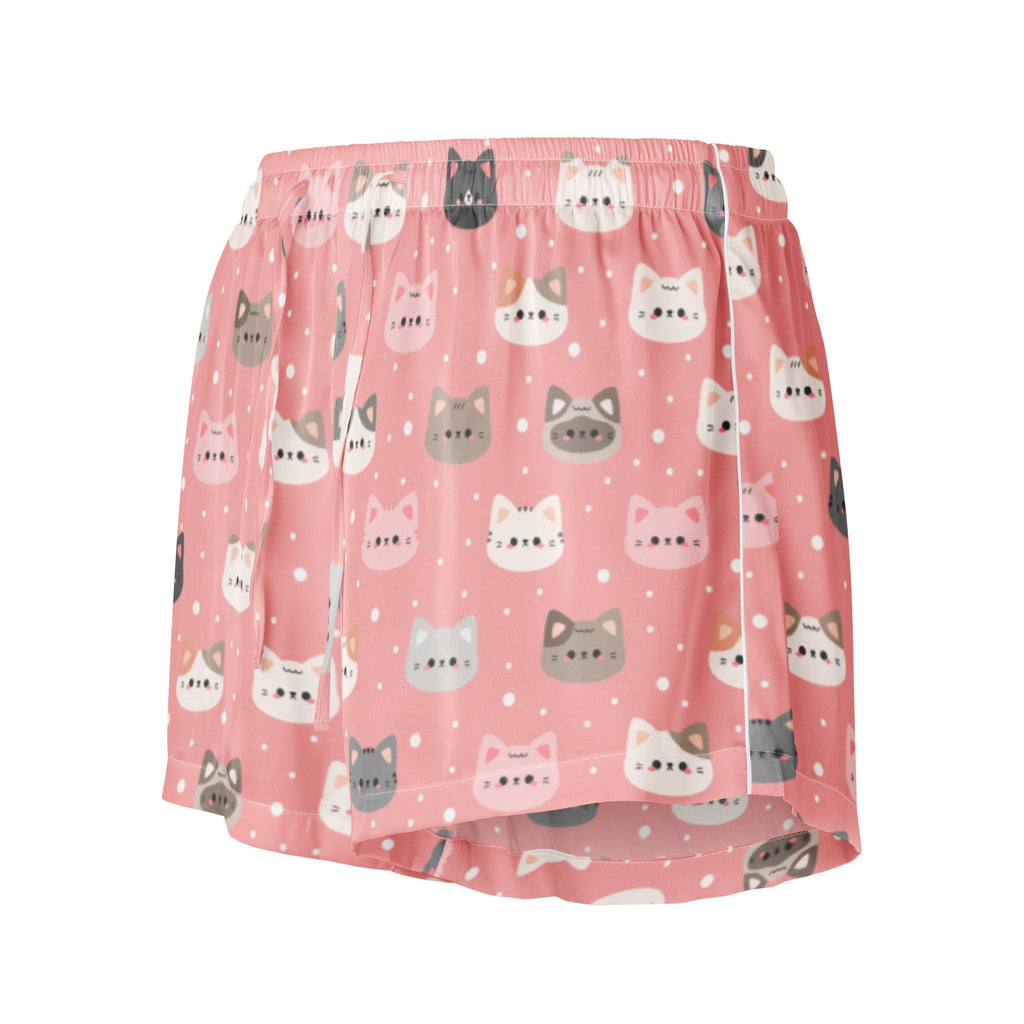 Women’s cute pink cat faces silky pajama shorts with playful cartoon cats in white gray and black on soft pink background