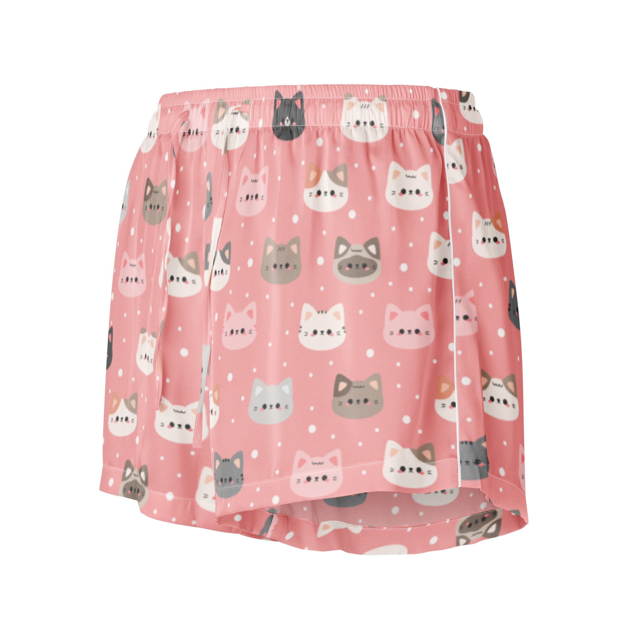Women’s cute pink cat faces silky pajama shorts with playful cartoon cats in white gray and black on soft pink background