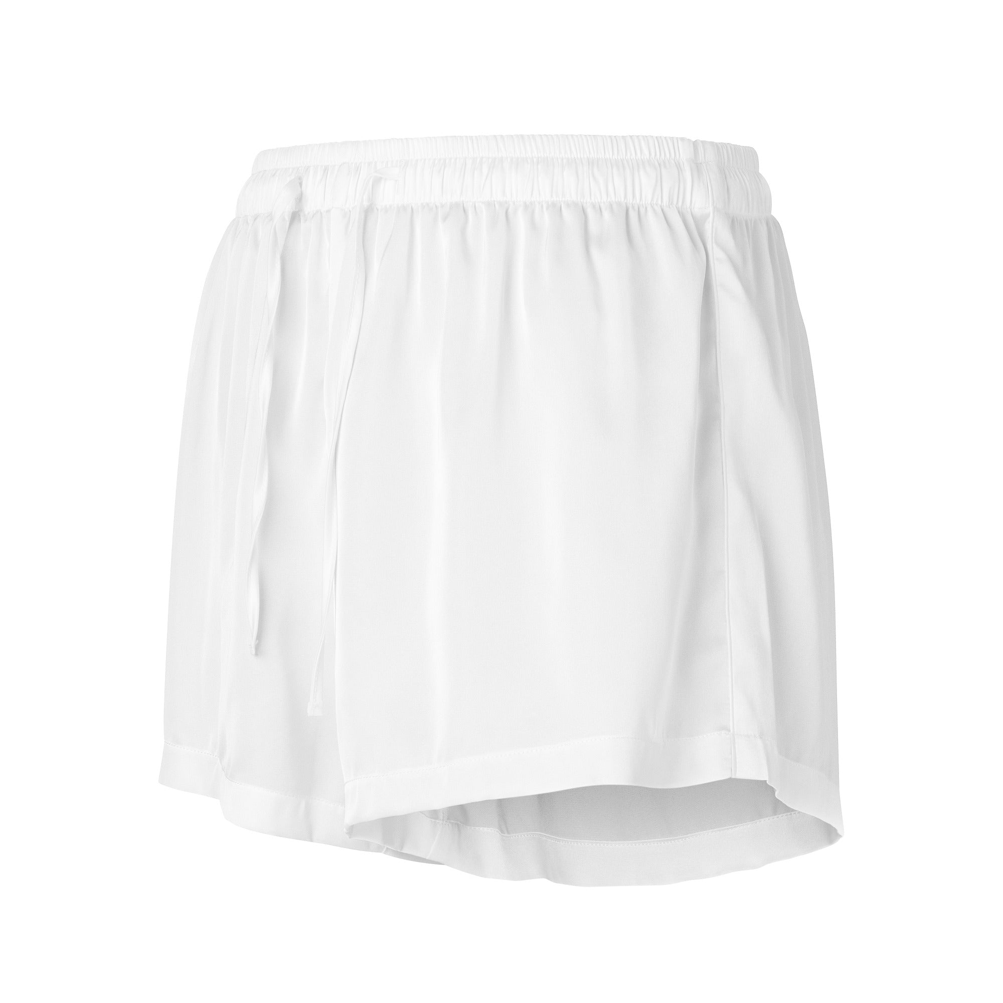 Women’s white silky pajama shorts with lightweight flowing fabric elastic waistband and relaxed fit for comfort
