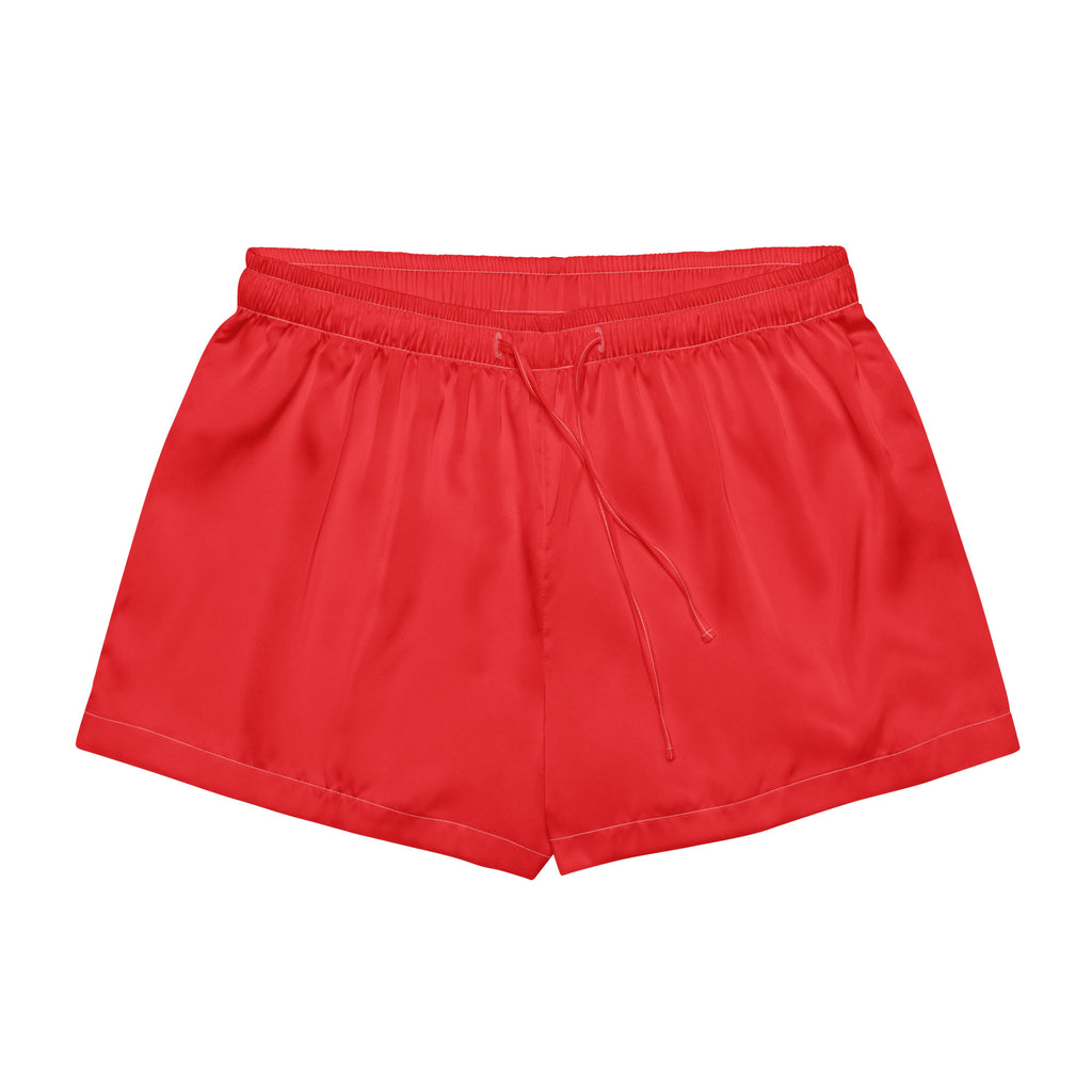 Women’s bright red satin pajama shorts with elastic waistband and matching drawstring for lightweight relaxed fit