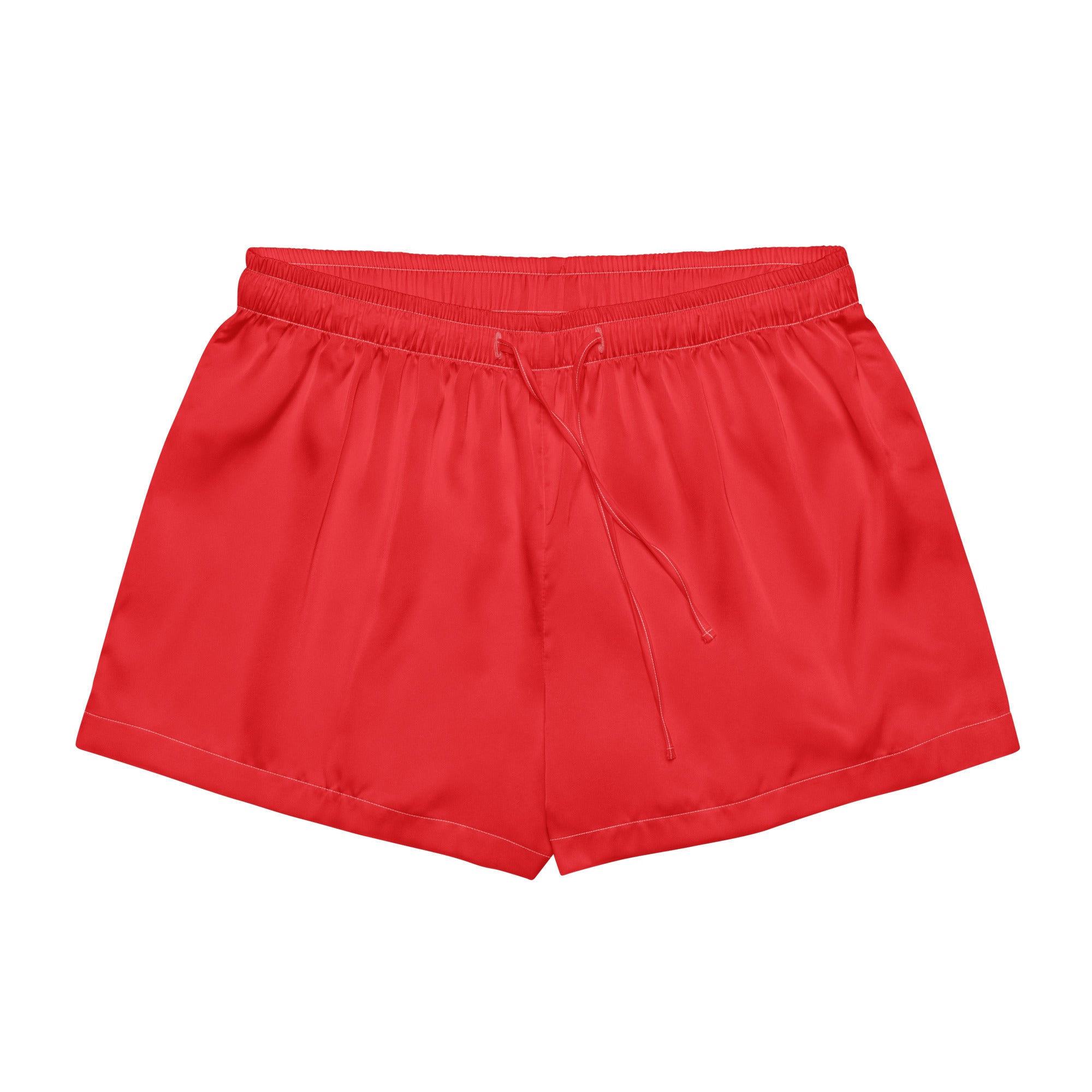 Women’s bright red satin pajama shorts with elastic waistband and matching drawstring for lightweight relaxed fit