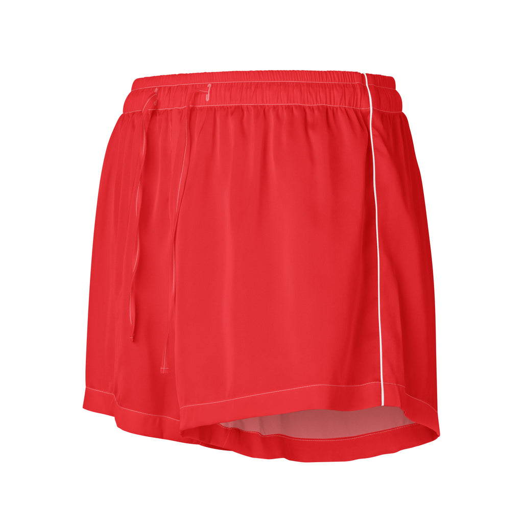 Women’s red silky pajama shorts with white side stripe elastic waistband lightweight relaxed fit with drawstring waist