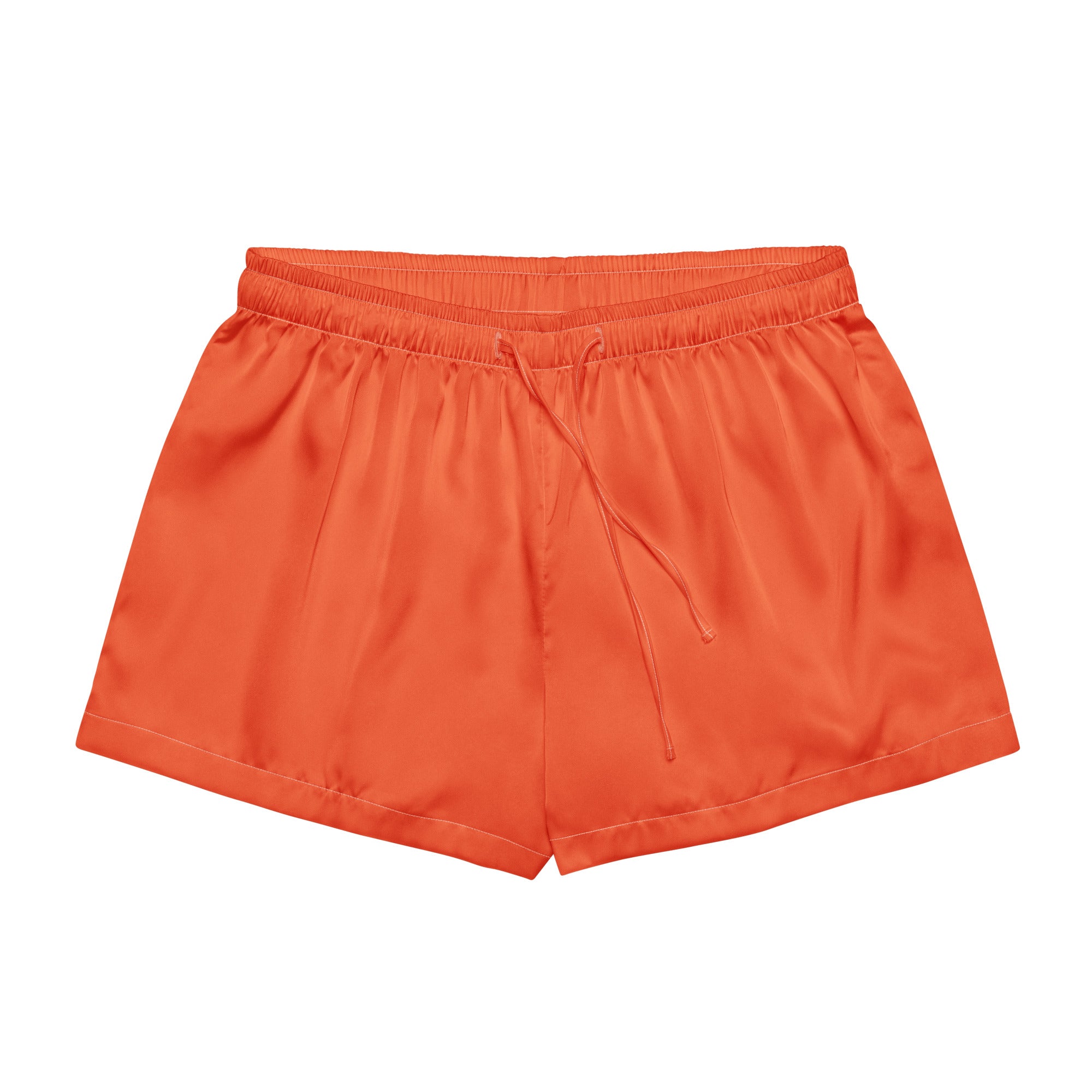 Women’s bright orange satin pajama shorts with elastic waistband and drawstring in lightweight relaxed fit