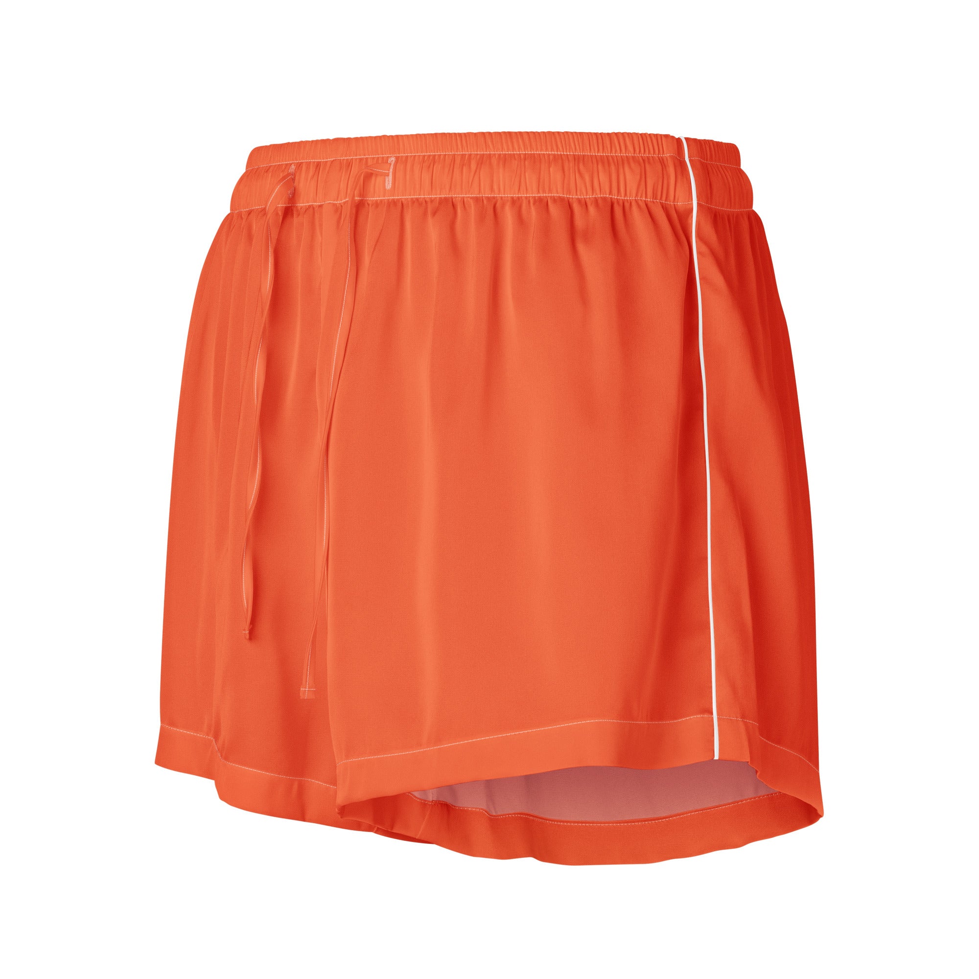 Women’s bright orange silky pajama shorts with white side stripe elastic waistband lightweight relaxed fit