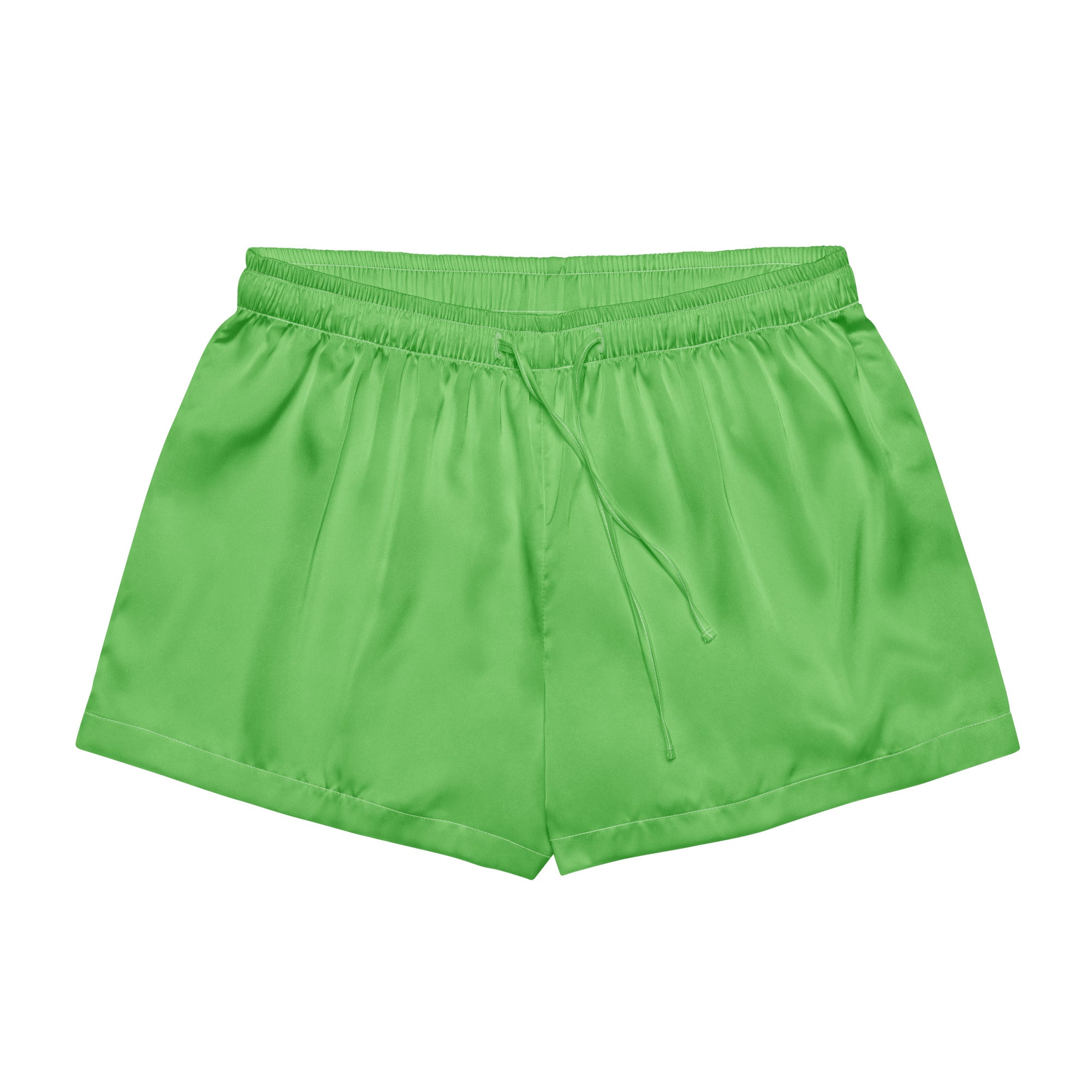 Women’s bright green satin pajama shorts with elastic waistband and matching drawstring for lightweight relaxed fit