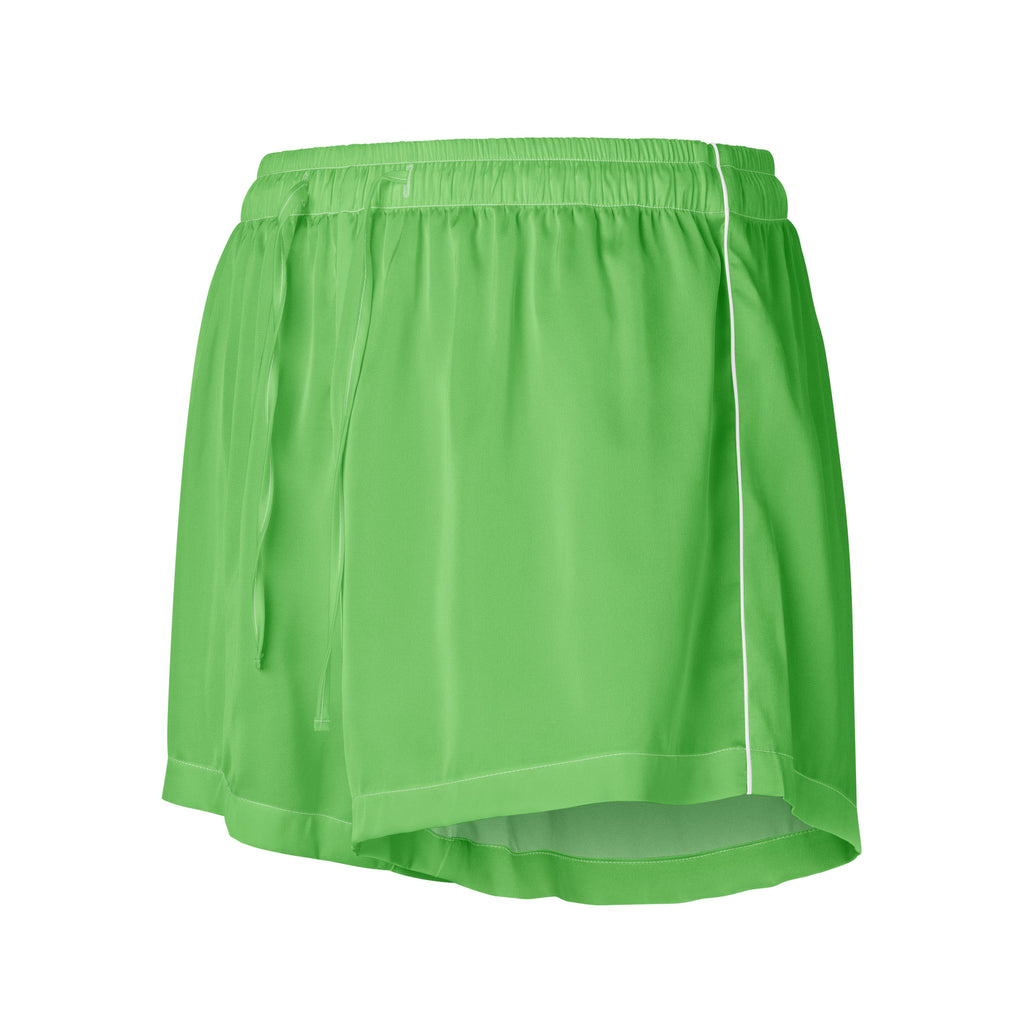 Women’s bright green silky pajama shorts with white side stripe elastic waistband lightweight relaxed fit
