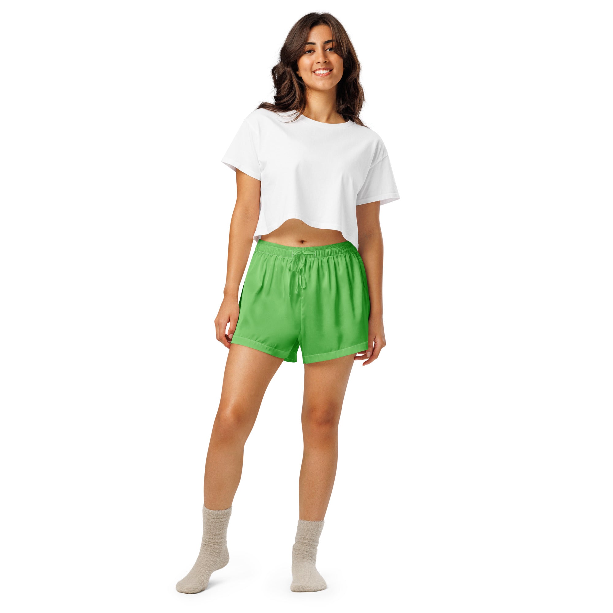 Women’s bright green silky pajama shorts with a lightweight relaxed fit and drawstring waistband