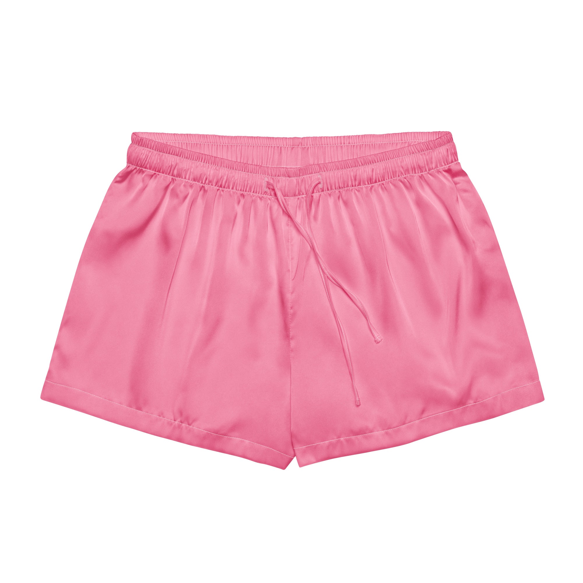 Women’s pink silky pajama shorts made of lightweight satin with elastic waistband and drawstring for relaxed fit