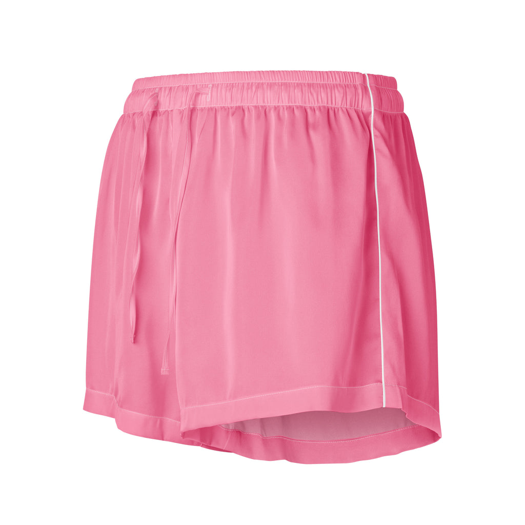 Women’s pink silky pajama shorts with white side stripe elastic waistband lightweight relaxed fit with drawstring waist