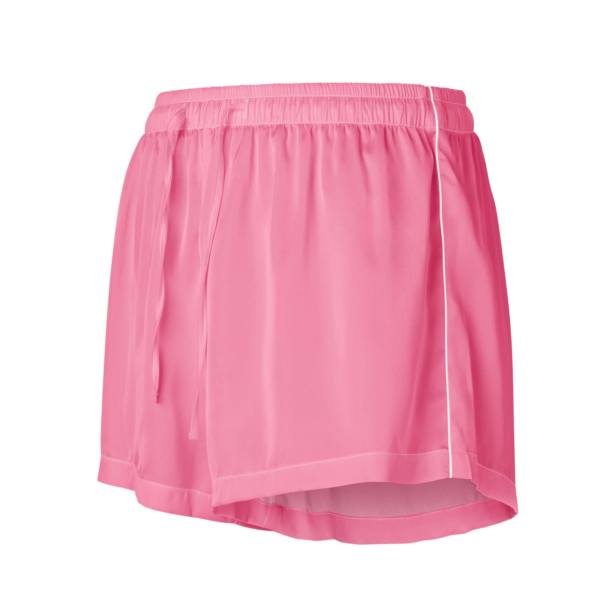 Women’s pink silky pajama shorts with white side stripe elastic waistband lightweight relaxed fit with drawstring waist