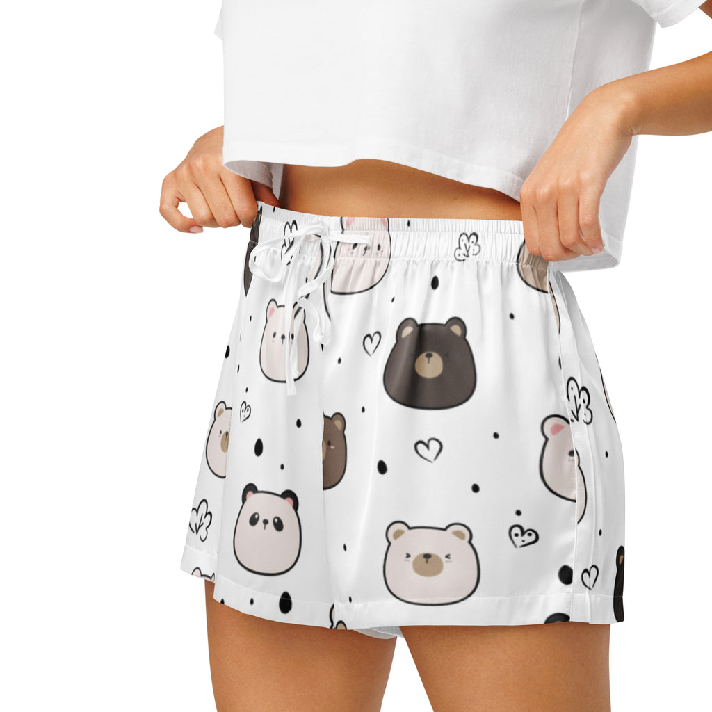 Women’s cute bear silky pajama shorts in white with brown and pink bear pattern hearts black dots lightweight relaxed fit