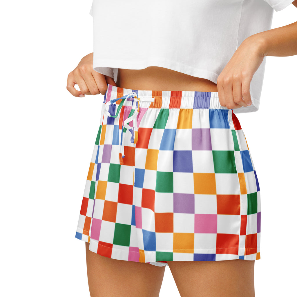 Women’s colorful checkerboard silky pajama shorts with rainbow elastic waistband and colorful drawstring for relaxed fit