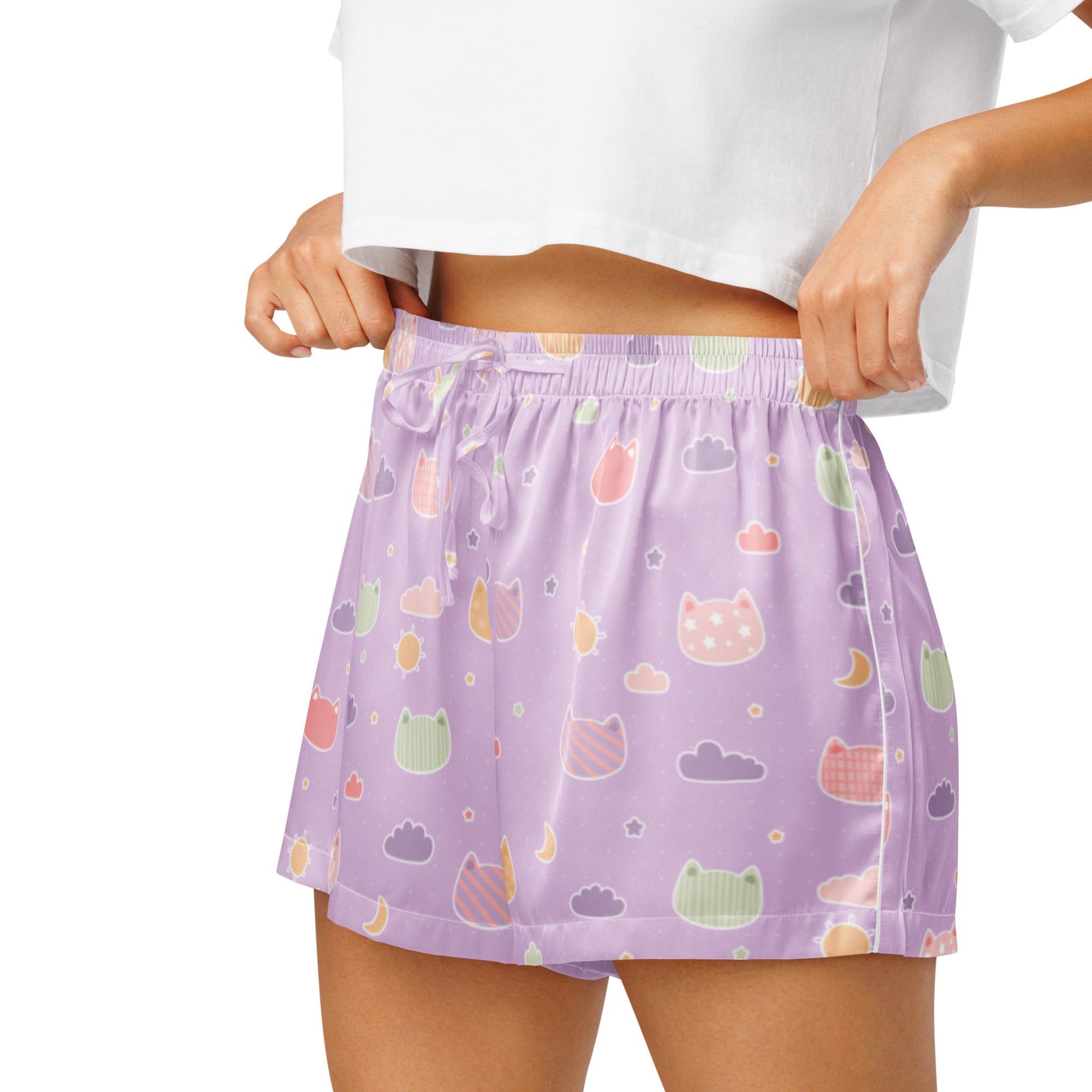 Lavender silky women pajama shorts with playful pastel cats clouds and moons pattern lightweight relaxed fit