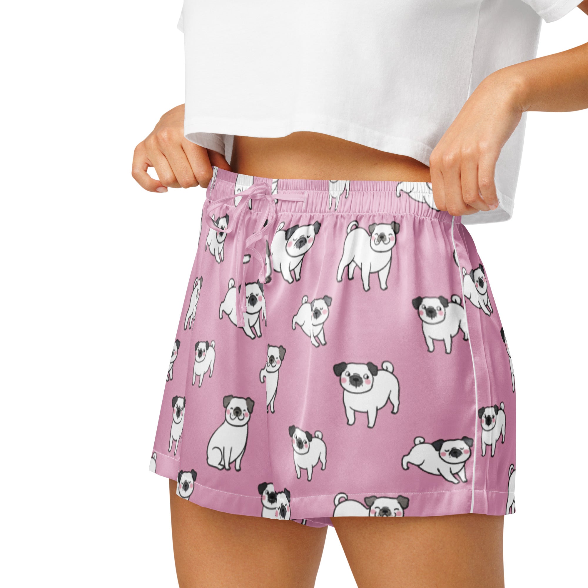 Women’s pink pug silky pajama shorts with lightweight relaxed fit drawstring waist and playful white pug pattern