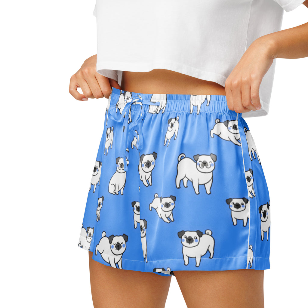 Women’s blue silky pajama shorts with white pug pattern lightweight relaxed fit and drawstring waist