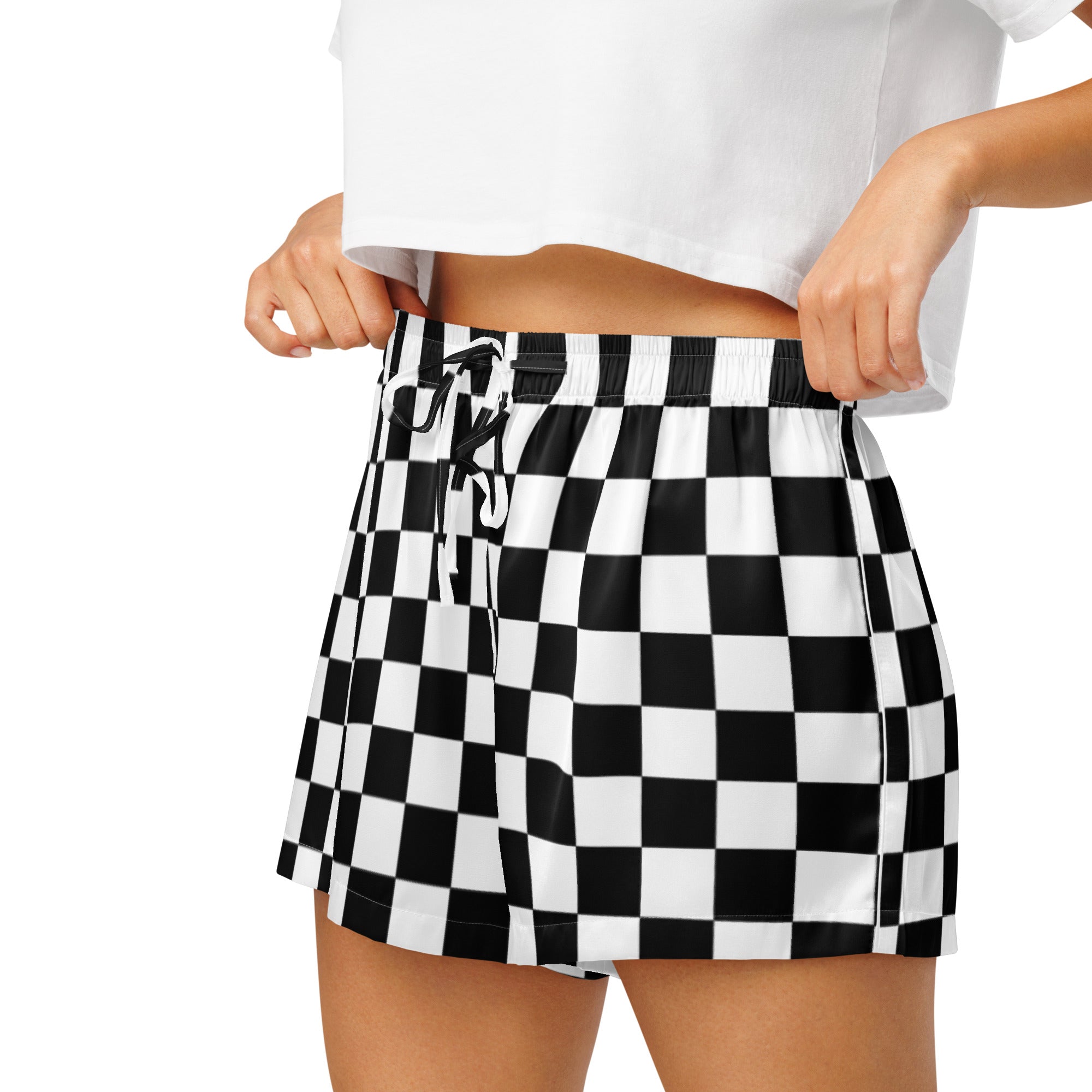Women’s black and white checkered silky pajama shorts with lightweight relaxed fit and drawstring waistband