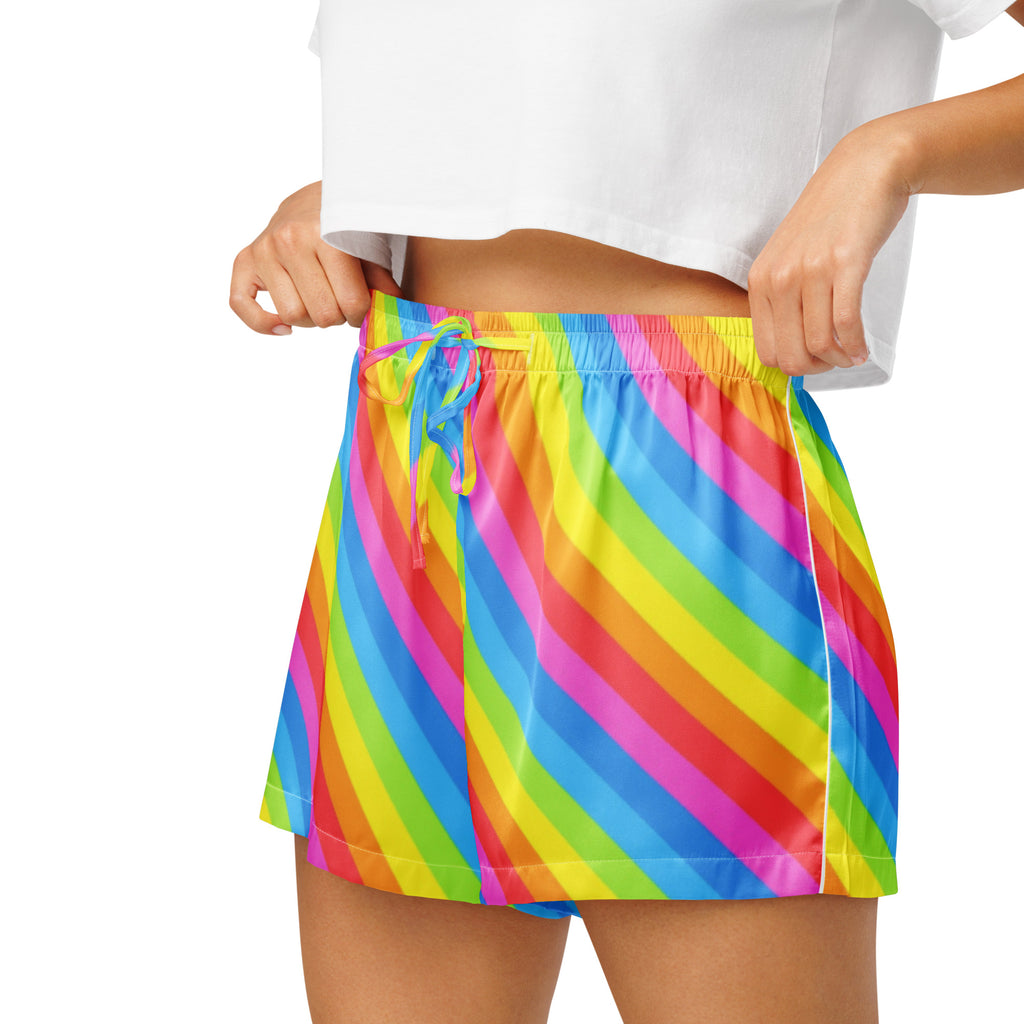 Women’s Rainbow Stripe Silky Pajama Shorts – Lightweight Relaxed Fit with Drawstring Waist