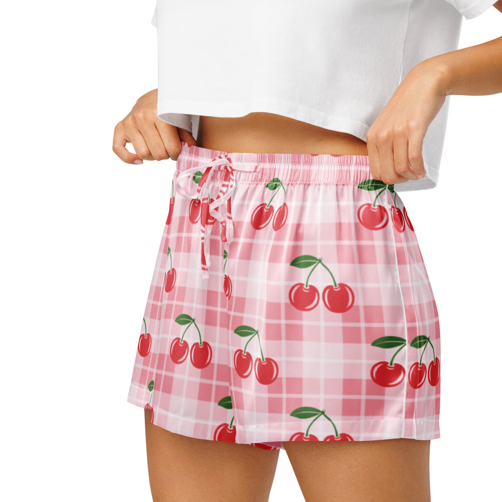 Women’s pink gingham cherry silky pajama shorts with lightweight relaxed fit and matching drawstring waistband