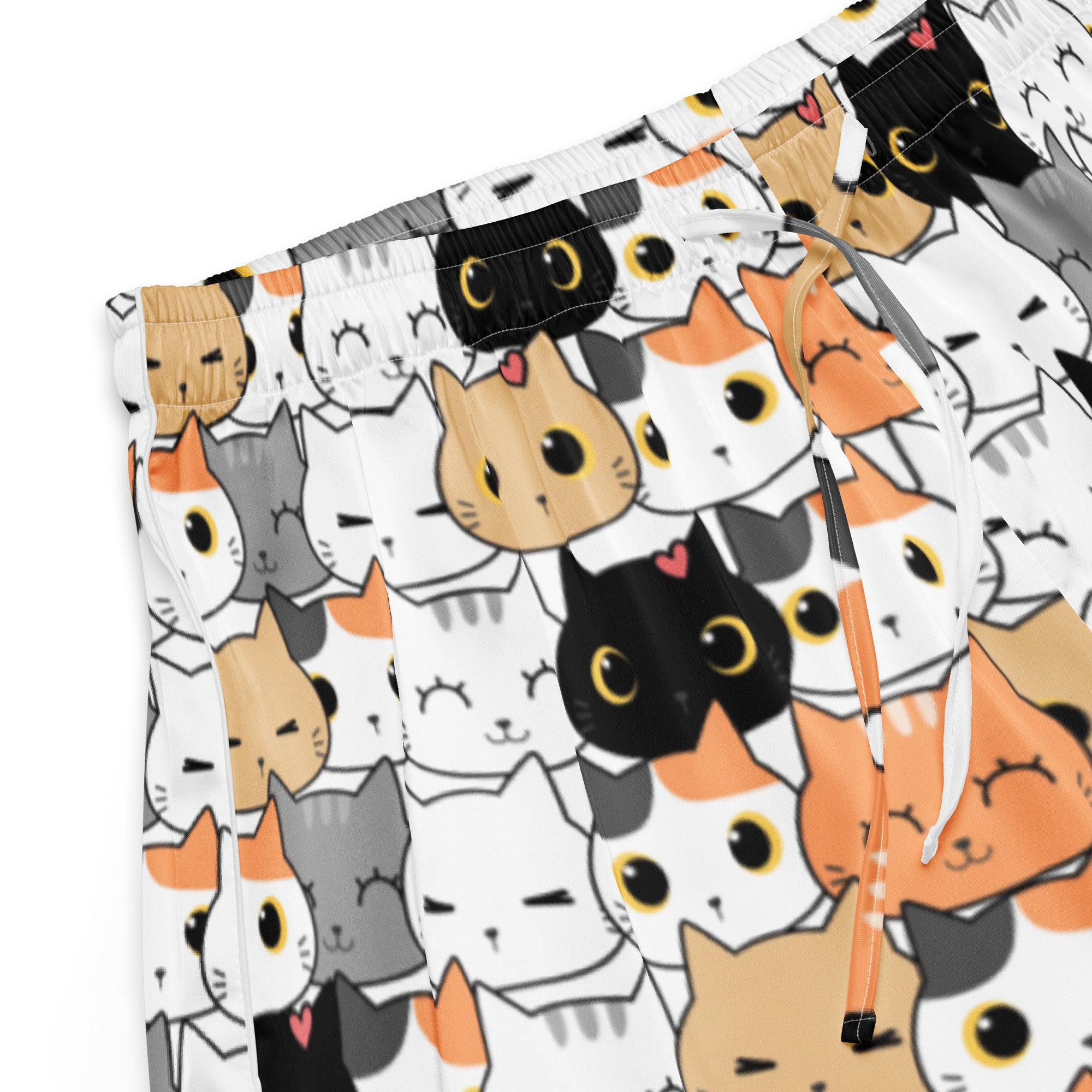 White silky women’s cat face pajama shorts with playful orange black gray cat pattern and yellow eyes with red hearts